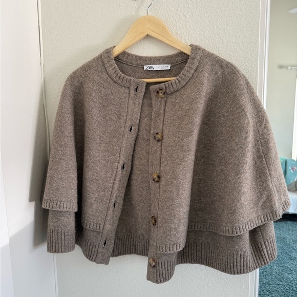 Zara Taupe Knit Layered Cape Sweater Poncho Cardigan | Cozy Fall Neutral M - Picture 1 of 3
